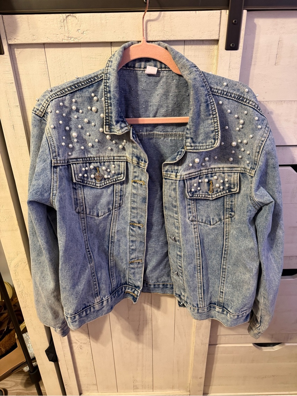 Pearl-Embellished Light Blue Denim Jacket